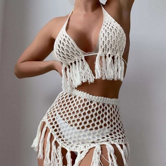 CROCHET FRINGE BACKLESS TIE HALTER TWO PIECE COVER UP SET SUMMER BEACH TRENDING - Picture 3 of 8